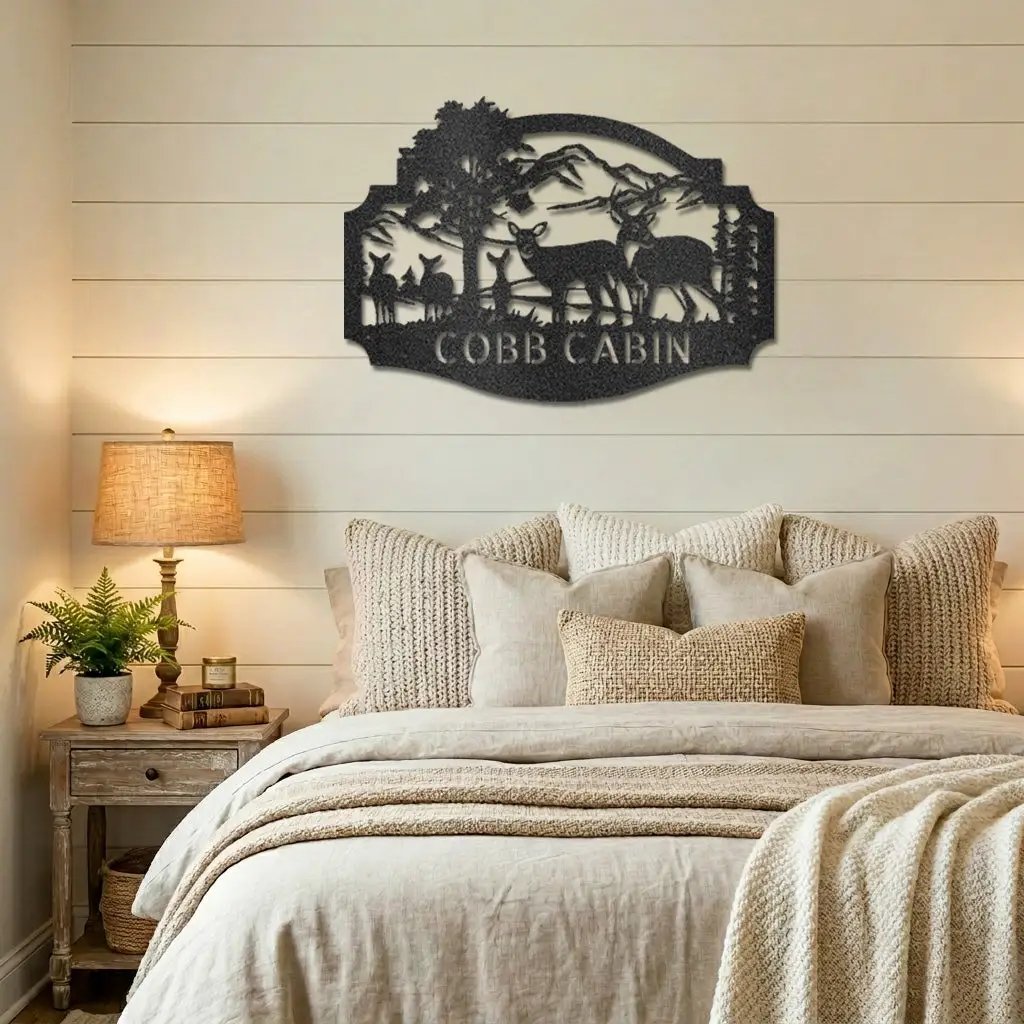 Personalized Deer Cabin Metal Wall Art – Rustic Family Name Sign – Hunting Lodge Decor – Custom Mountain Scene Steel Sign – Cabin Wall Decor Gift