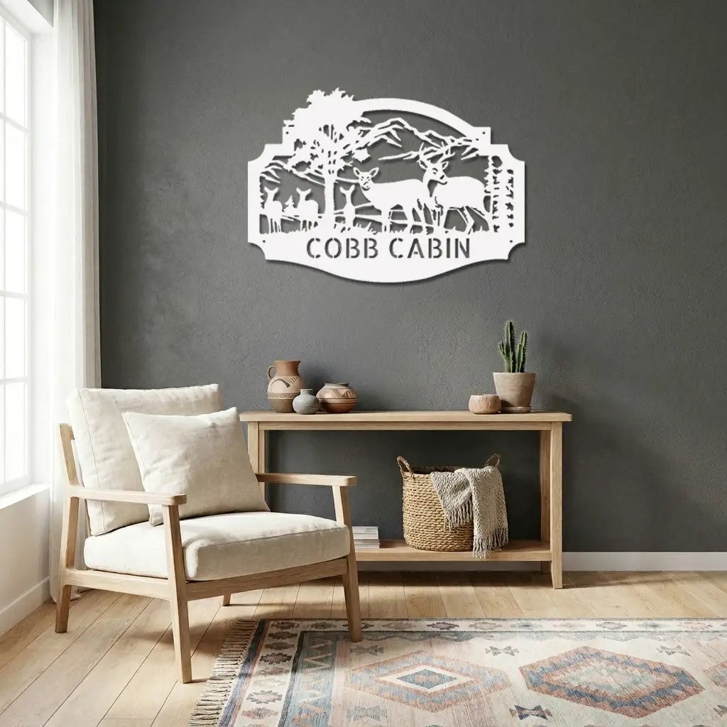 Personalized Deer Cabin Metal Wall Art – Rustic Family Name Sign – Hunting Lodge Decor – Custom Mountain Scene Steel Sign – Cabin Wall Decor Gift