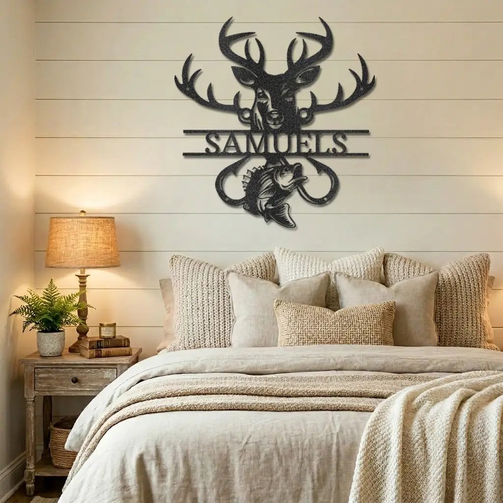 Outdoorsman Custom Metal Wall Art Deer Hunting and Bass Fishing Sign Custom Name Rustic Cabin Decor Hunter Fisherman Gift