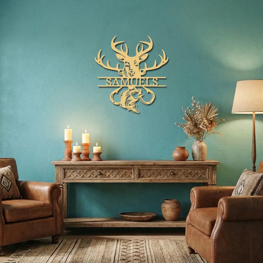 Outdoorsman Custom Metal Wall Art Deer Hunting and Bass Fishing Sign Custom Name Rustic Cabin Decor Hunter Fisherman Gift