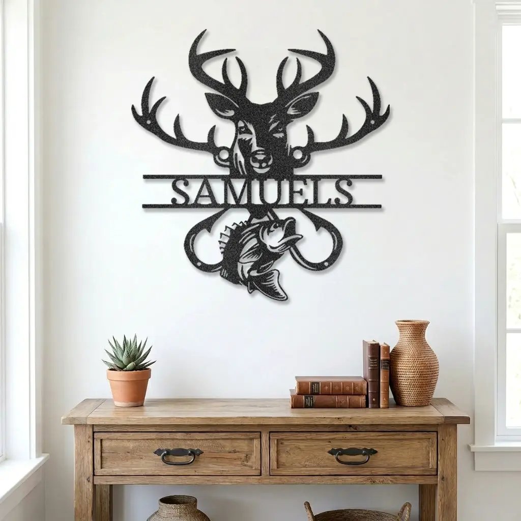 Outdoorsman Custom Metal Wall Art Deer Hunting and Bass Fishing Sign Custom Name Rustic Cabin Decor Hunter Fisherman Gift