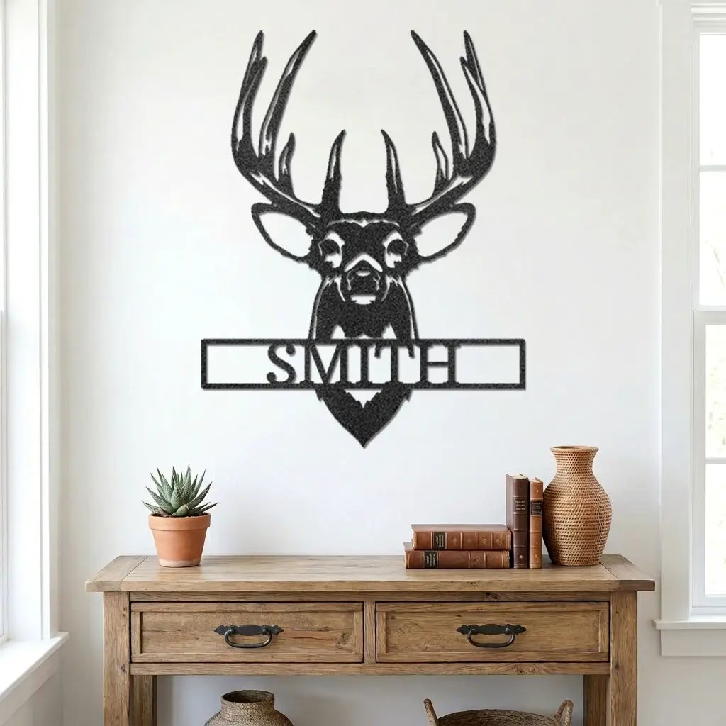 Personalized Deer Head Metal Wall Art Custom Family Name Sign Buck Antler Decor Rustic Cabin Farmhouse Wall Hanging Hunting Gift Idea