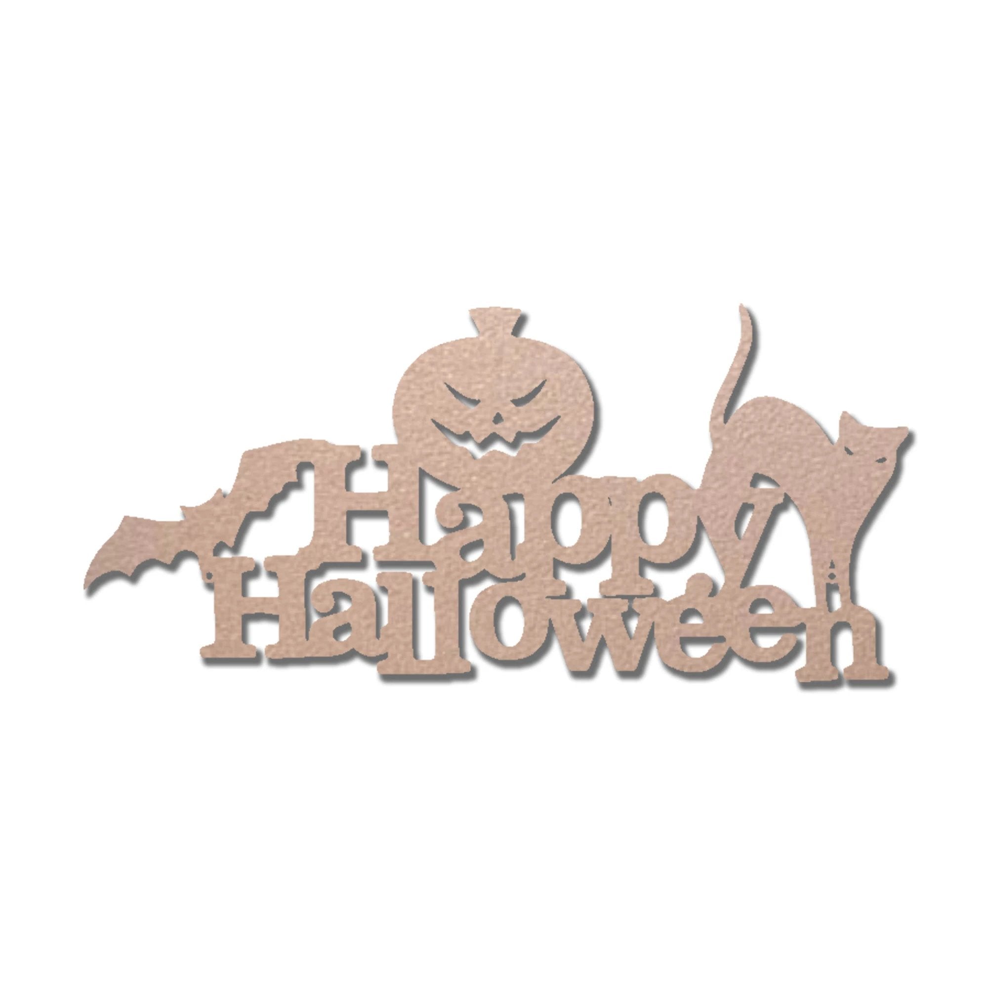 Happy Halloween Metal Wall Art Sign – Pumpkin Bat Cat Halloween Decor – Outdoor Powder Coated Steel Sign – Spooky Farmhouse Porch Decor