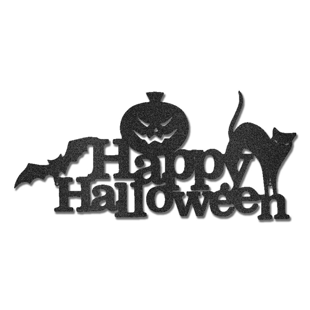 Happy Halloween Metal Wall Art Sign – Pumpkin Bat Cat Halloween Decor – Outdoor Powder Coated Steel Sign – Spooky Farmhouse Porch Decor