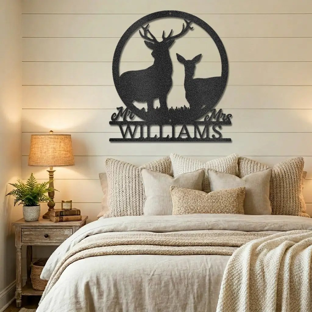 Personalized Mr & Mrs Deer Couple Metal Sign – Custom Last Name Stag & Doe Wall Art – Romantic Wedding or Anniversary Gift