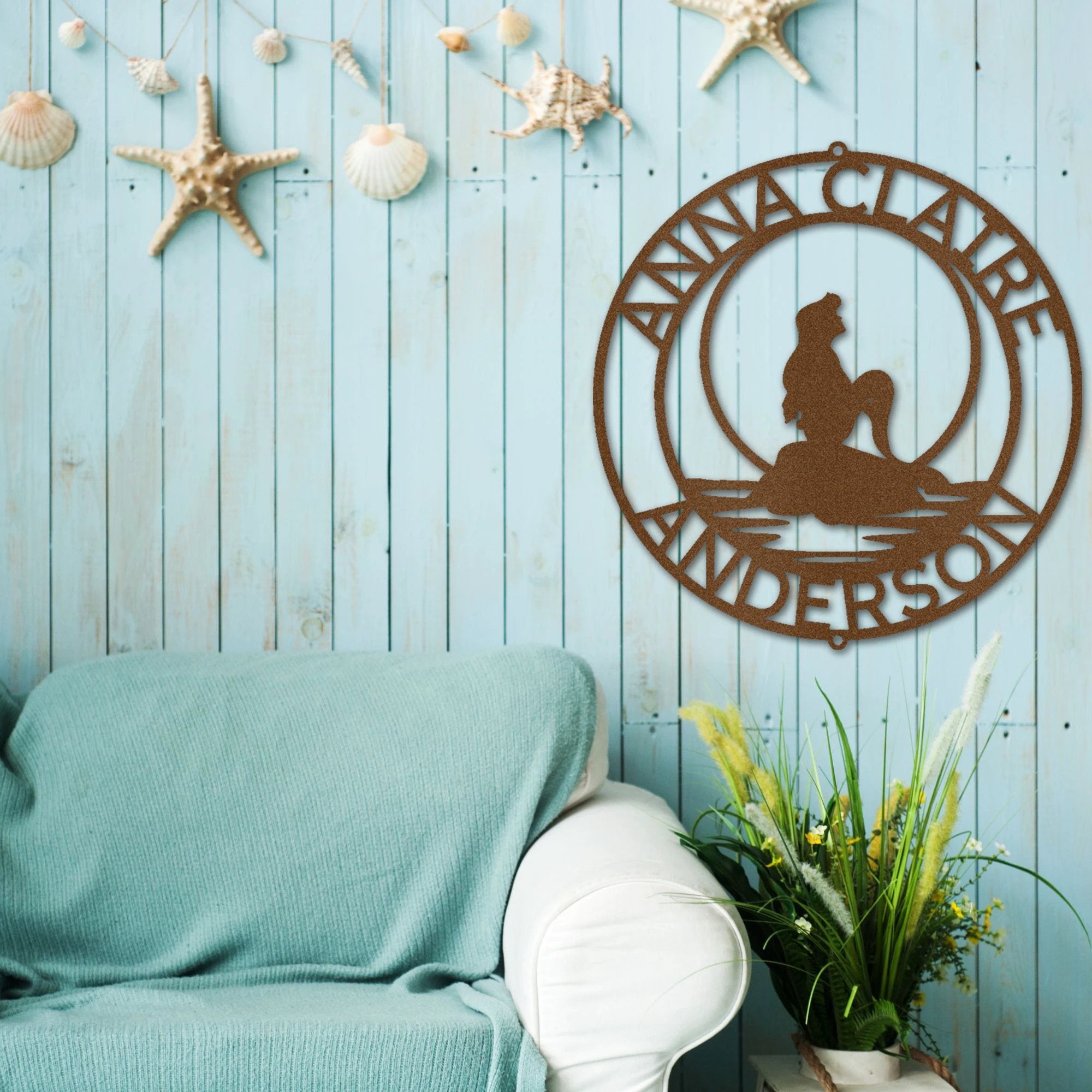 Mermaid Wishes Custom Name Metal Art Wall Sign