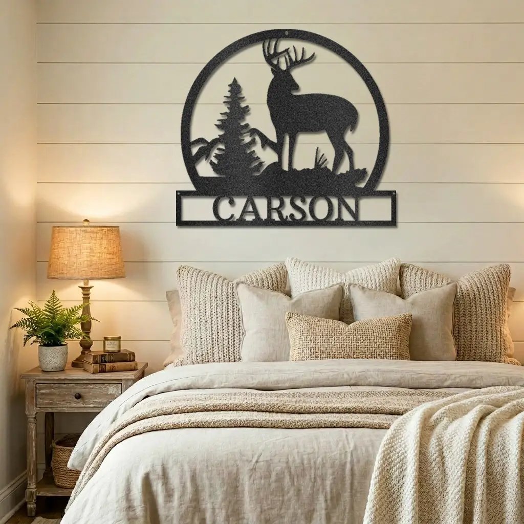 Personalized Deer Scene Metal Sign – Custom Last Name Wall Art – Rustic Cabin Forest Decor Gift