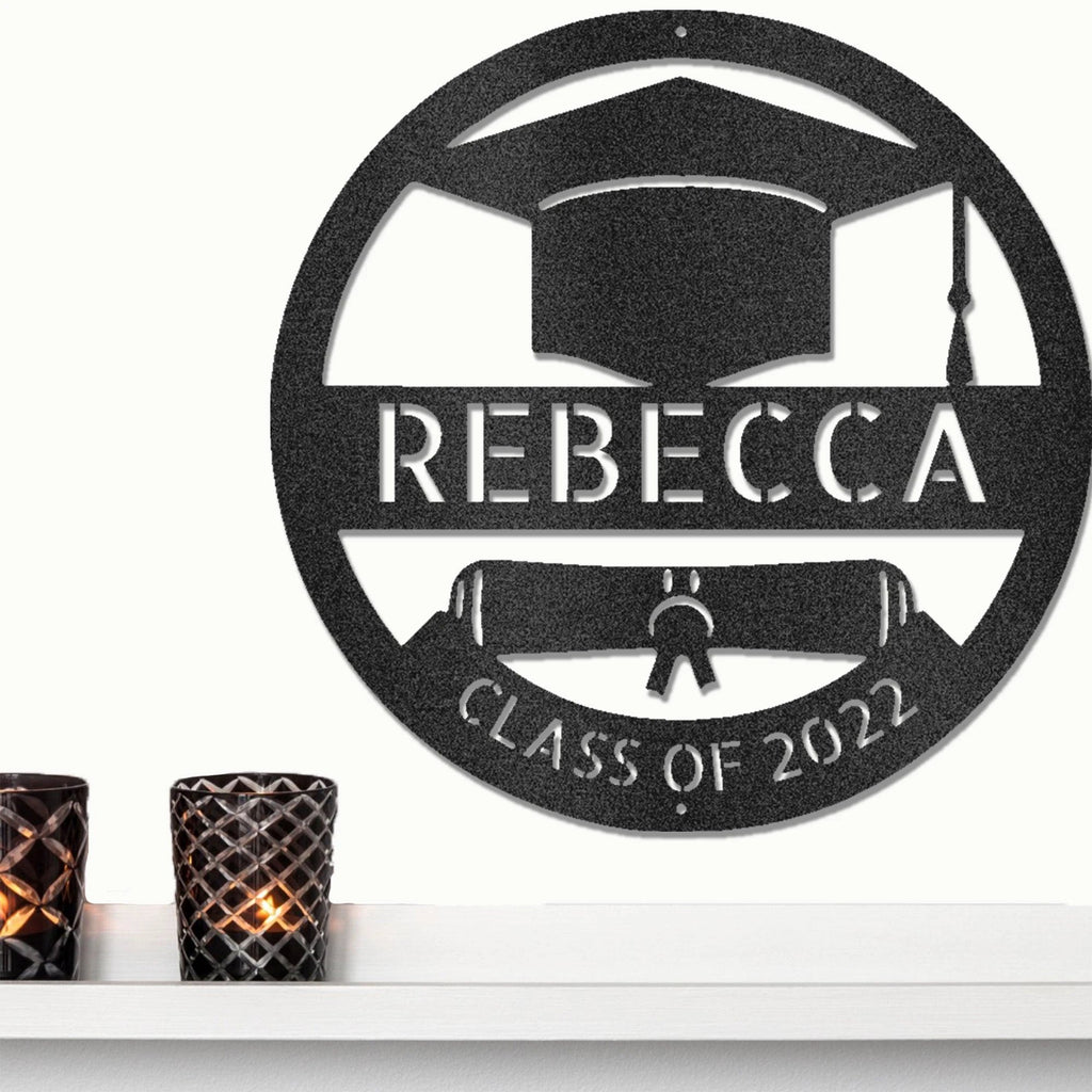 Graduation Cap and Diploma Custom Name Metal Art Wall Sign