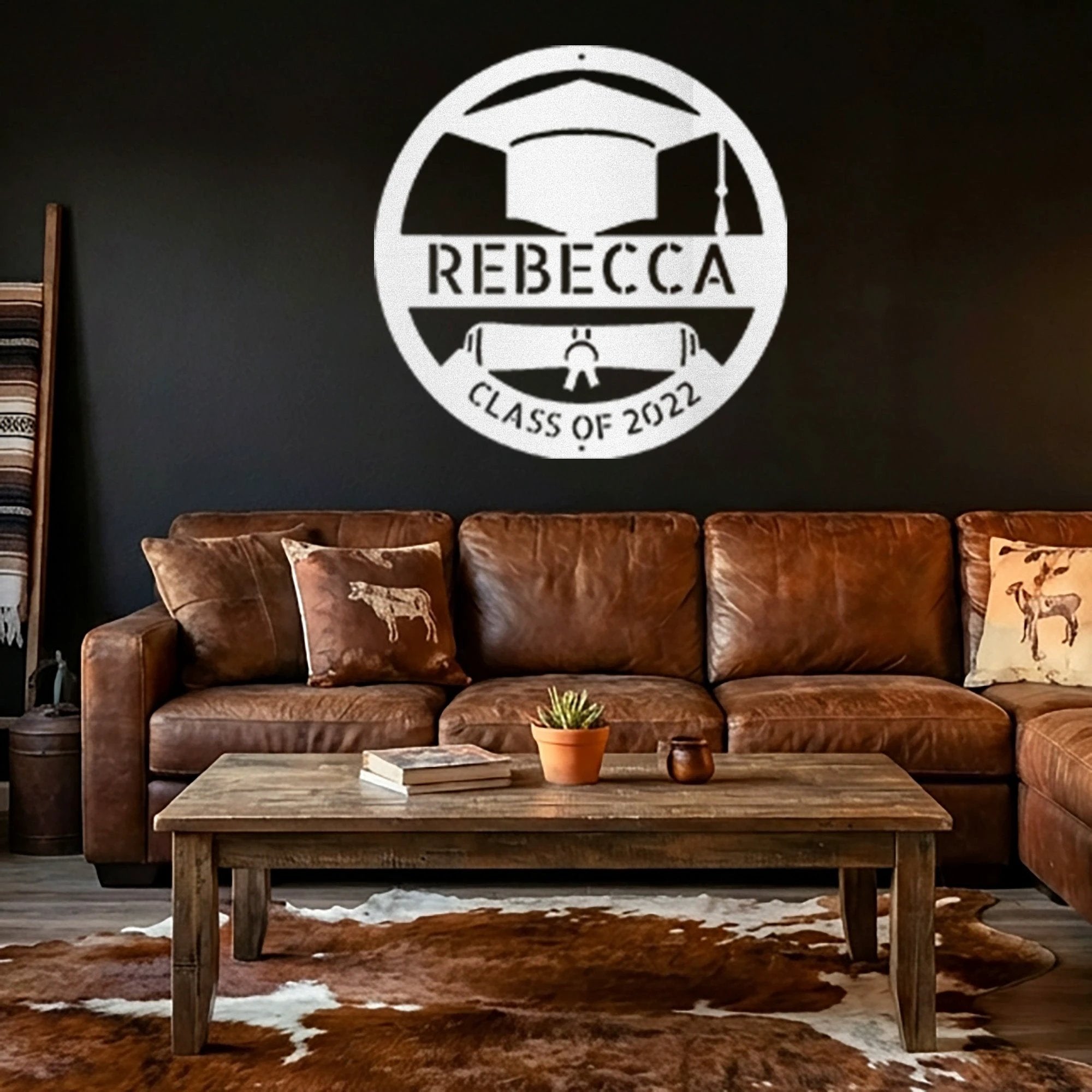 Graduation Cap and Diploma Custom Name Metal Art Wall Sign