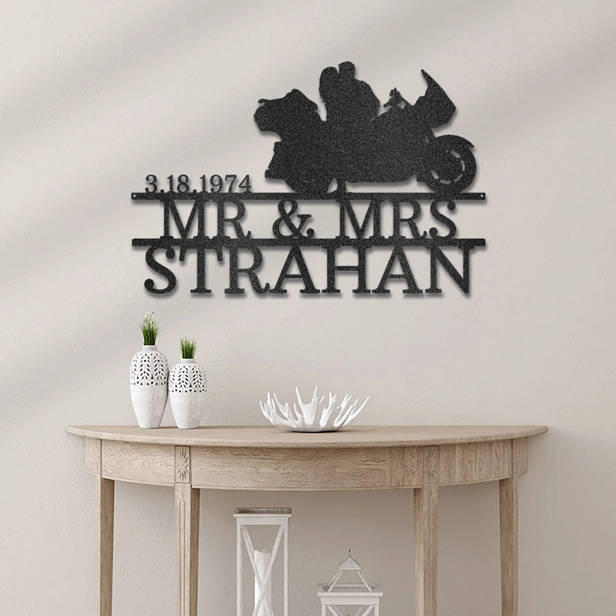 Personalized Mr and Mrs Motorcycle Metal Wall Art Sign – Custom 3 Line Biker Couple Sign – Wedding Gift – Anniversary Decor – Steel Wall Art