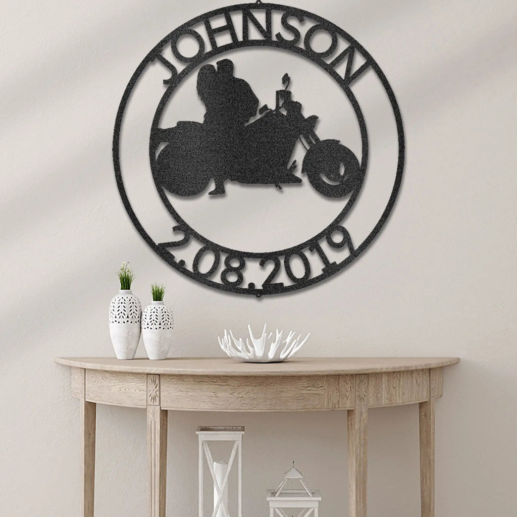Motorcycle Couples Custom Name Metal Art Wall Sign