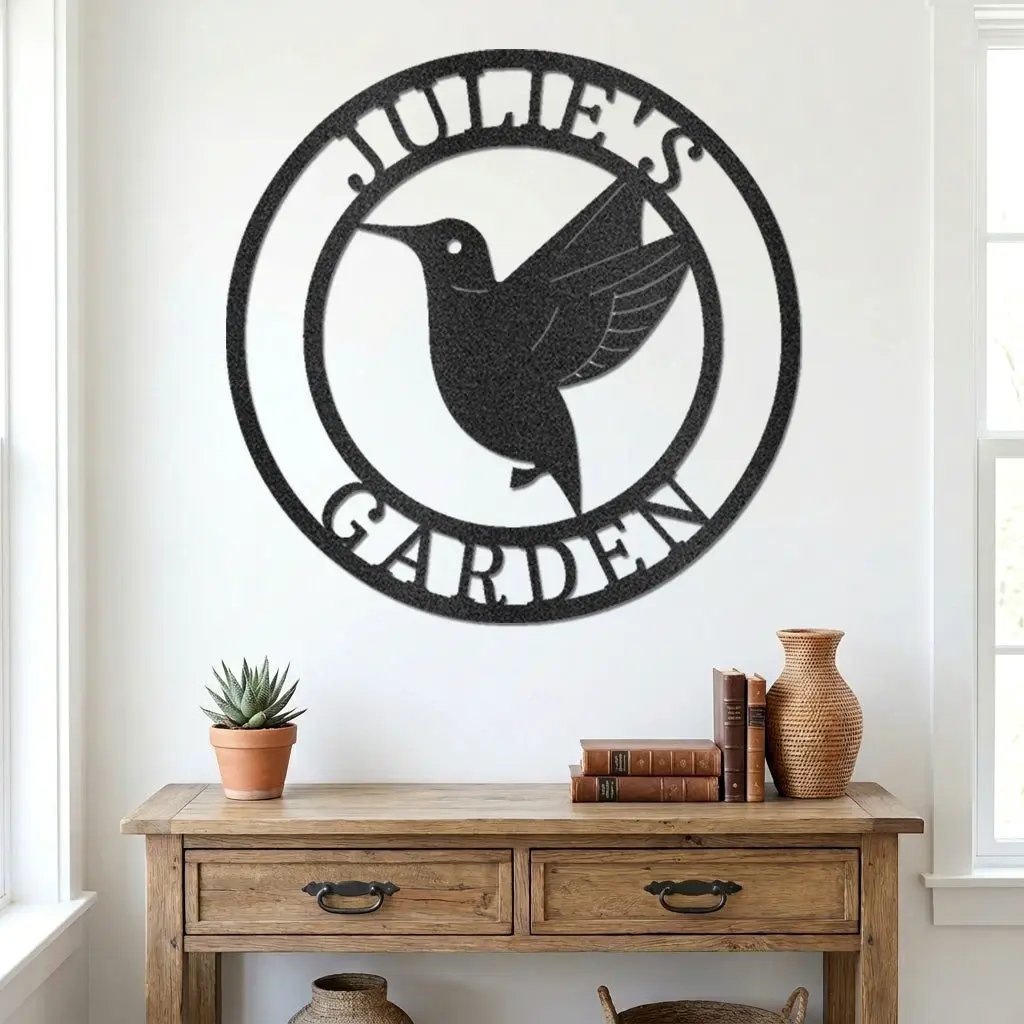 Personalized Hummingbird Metal Wall Art | Custom Garden Name Sign | Hummingbird Garden Decor | Personalized Outdoor Metal Sign | Made in USA