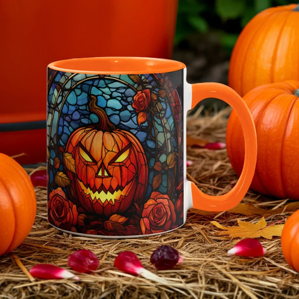 Stained Glass Pumpkin Halloween Ceramic Two Toned Accent Color Mug – Vibrant Jack-O'-Lantern Coffee Cup