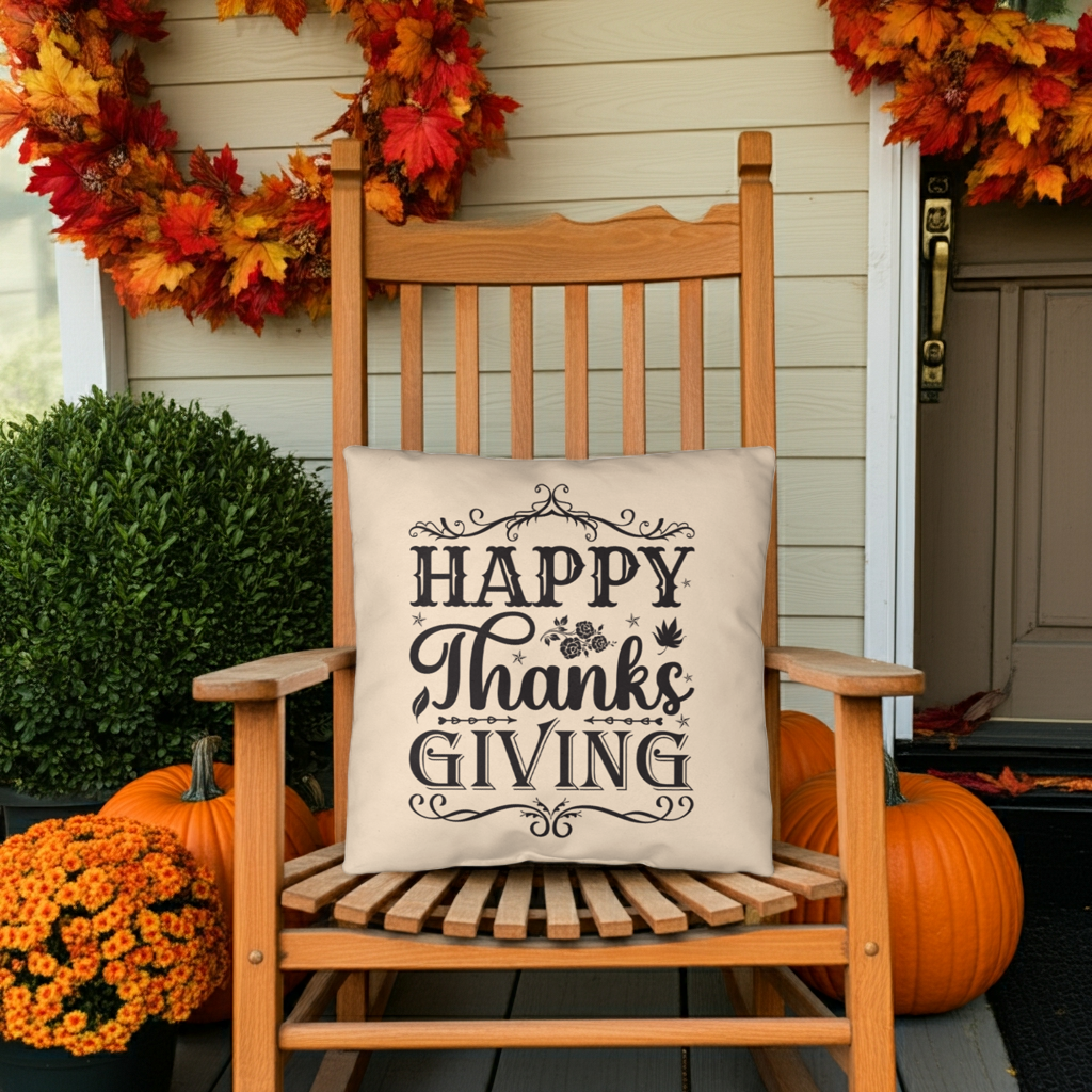 Happy Thanksgiving Decorative Pillow –Vintage Style Indoor/Outdoor Cushion – 3 Sizes - Mallard Moon