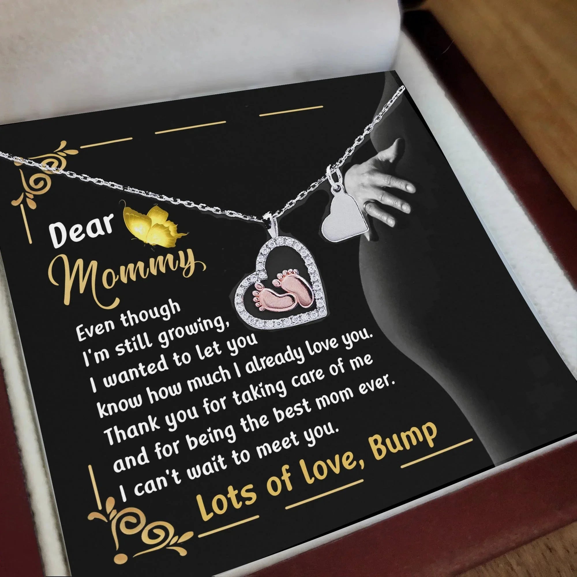 Pregnancy Gift Silver Baby Feet Pendant Necklace Dear Mommy, Lots Of Love, Bump