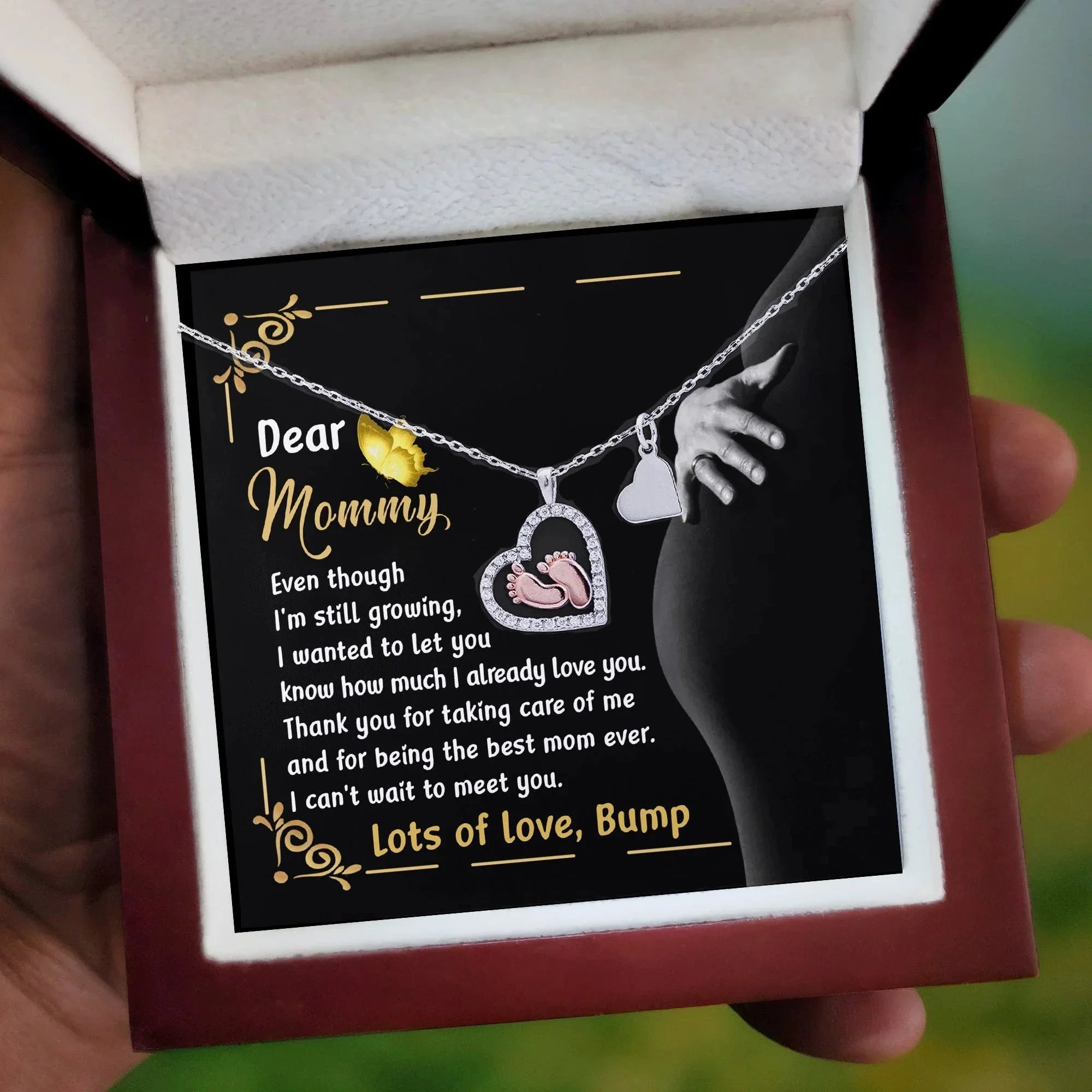 Pregnancy Gift Silver Baby Feet Pendant Necklace Dear Mommy, Lots Of Love, Bump