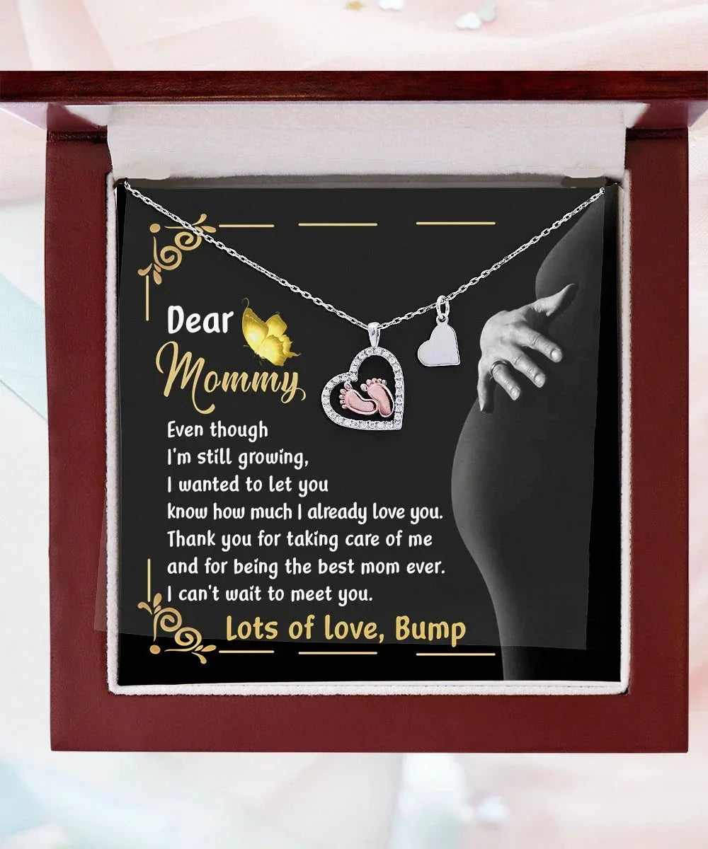 Pregnancy Gift Silver Baby Feet Pendant Necklace Dear Mommy, Lots Of Love, Bump