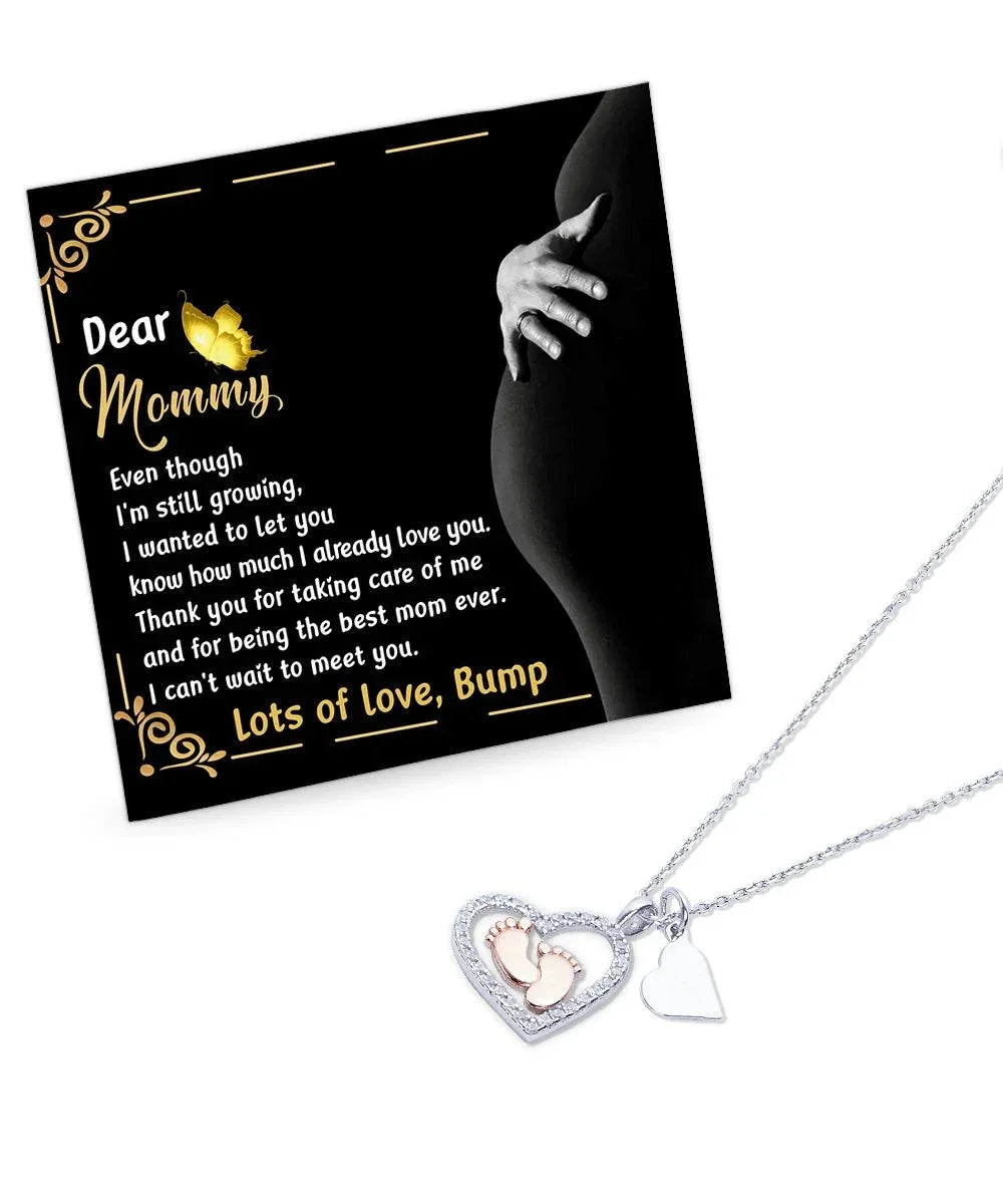 Pregnancy Gift Silver Baby Feet Pendant Necklace Dear Mommy, Lots Of Love, Bump