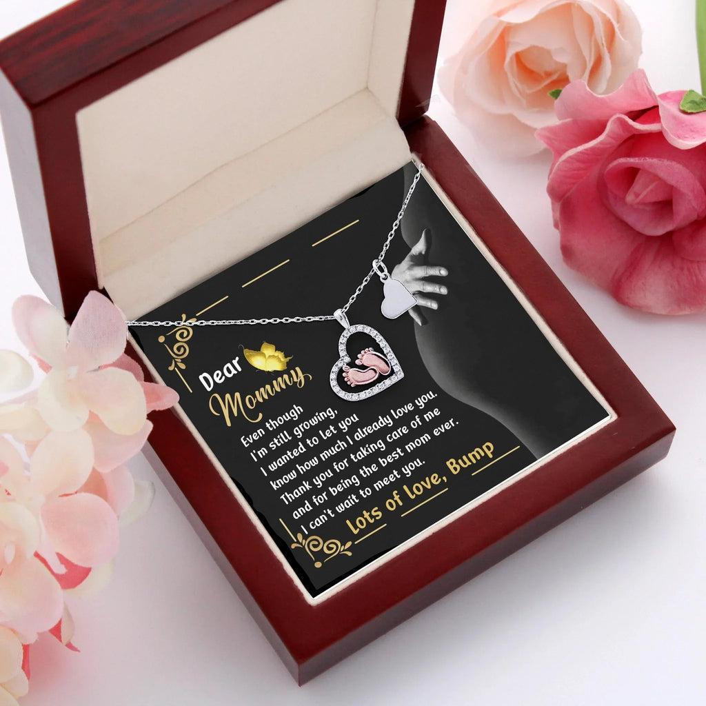 Pregnancy Gift Silver Baby Feet Pendant Necklace Dear Mommy, Lots Of Love, Bump