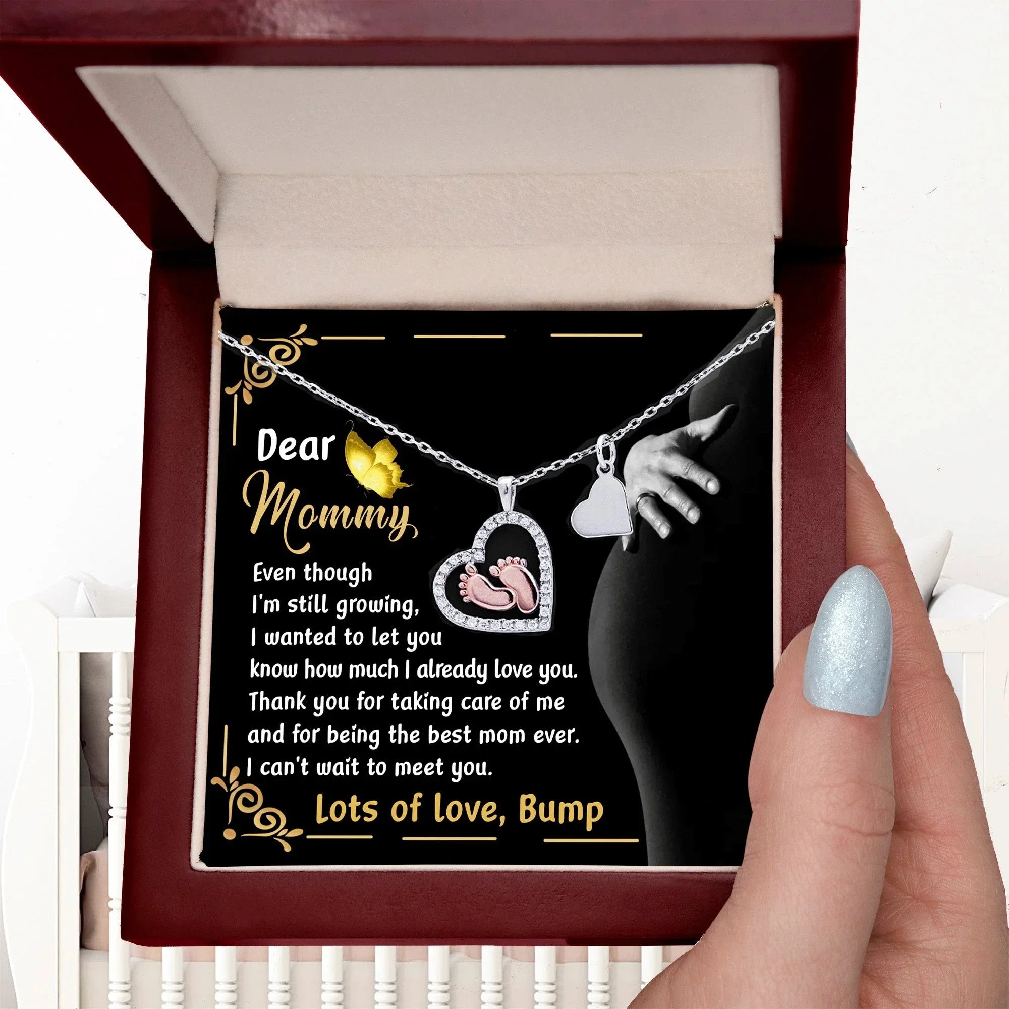 Pregnancy Gift Silver Baby Feet Pendant Necklace Dear Mommy, Lots Of Love, Bump