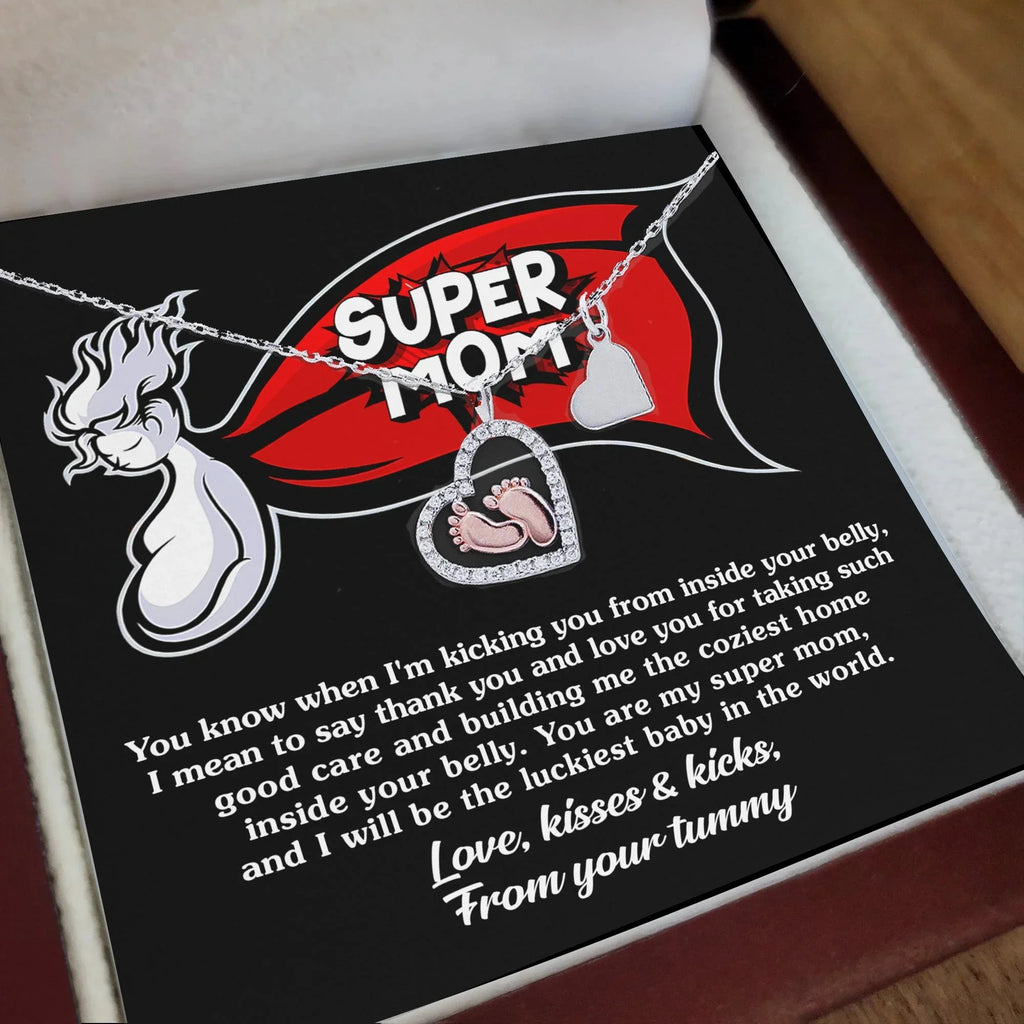 Supermom Baby Feet Pendant Necklace Love, Kisses and Kicks From Your Tummy
