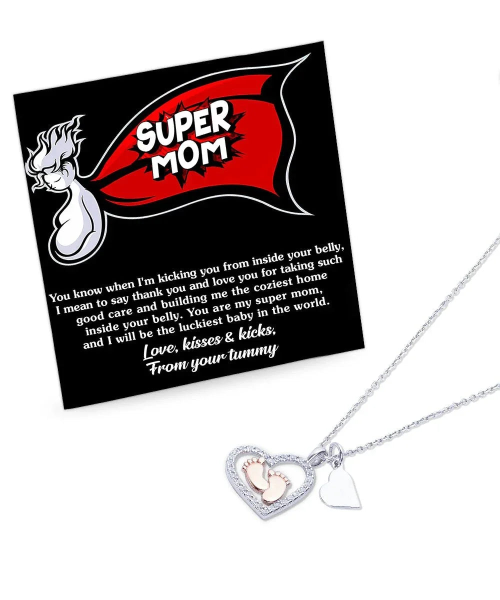 Supermom Baby Feet Pendant Necklace Love, Kisses and Kicks From Your Tummy
