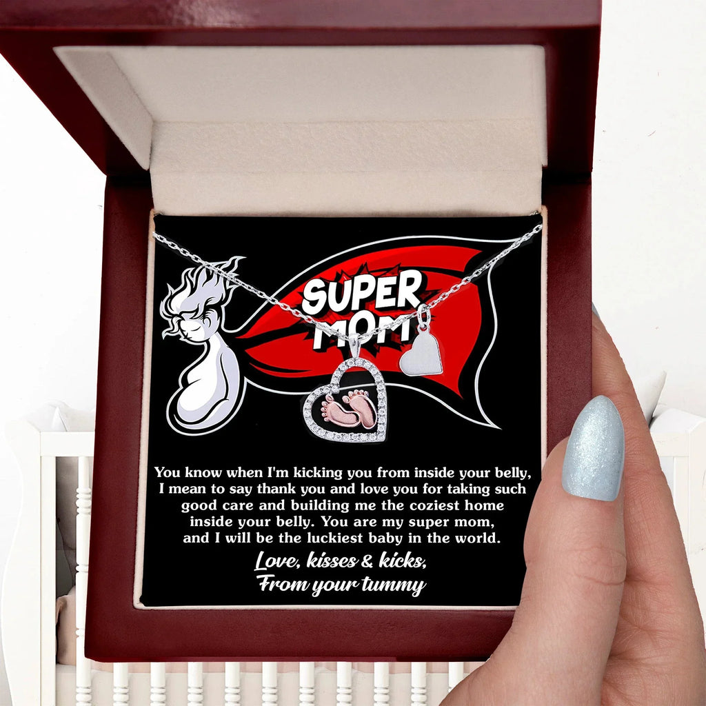 Supermom Baby Feet Pendant Necklace Love, Kisses and Kicks From Your Tummy