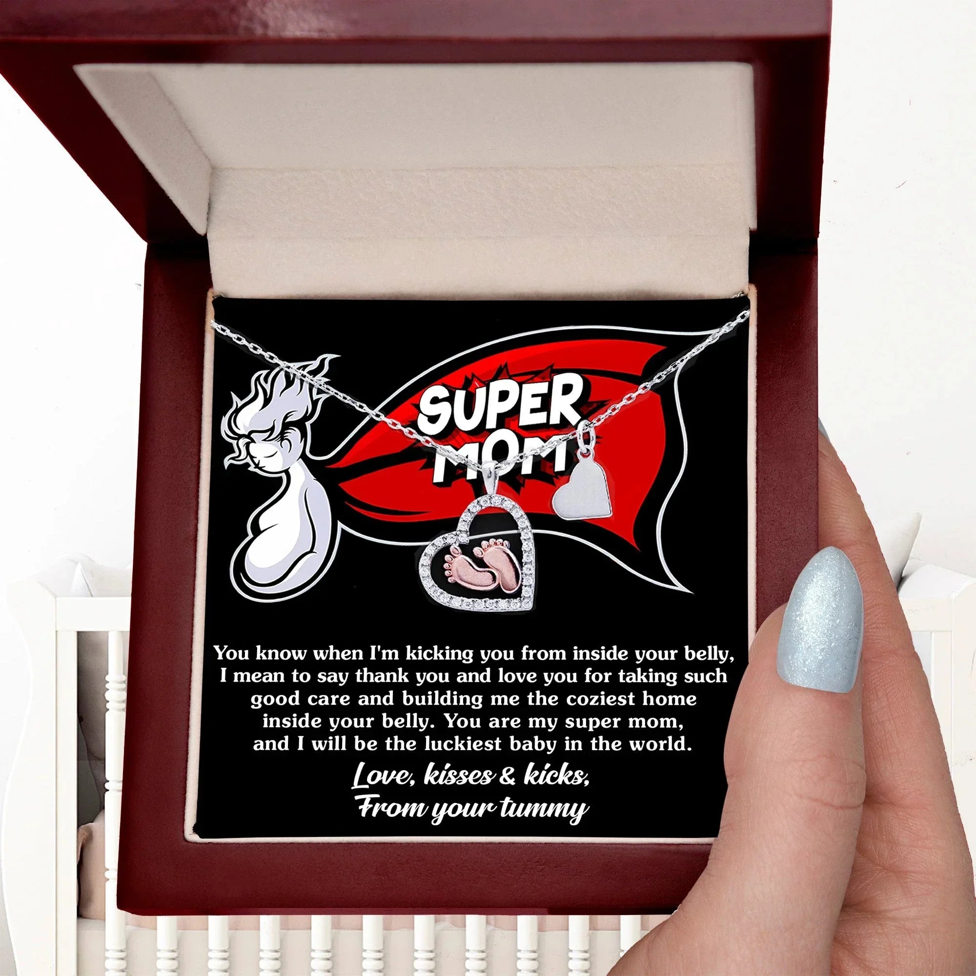 Supermom Baby Feet Pendant Necklace Love, Kisses and Kicks From Your Tummy