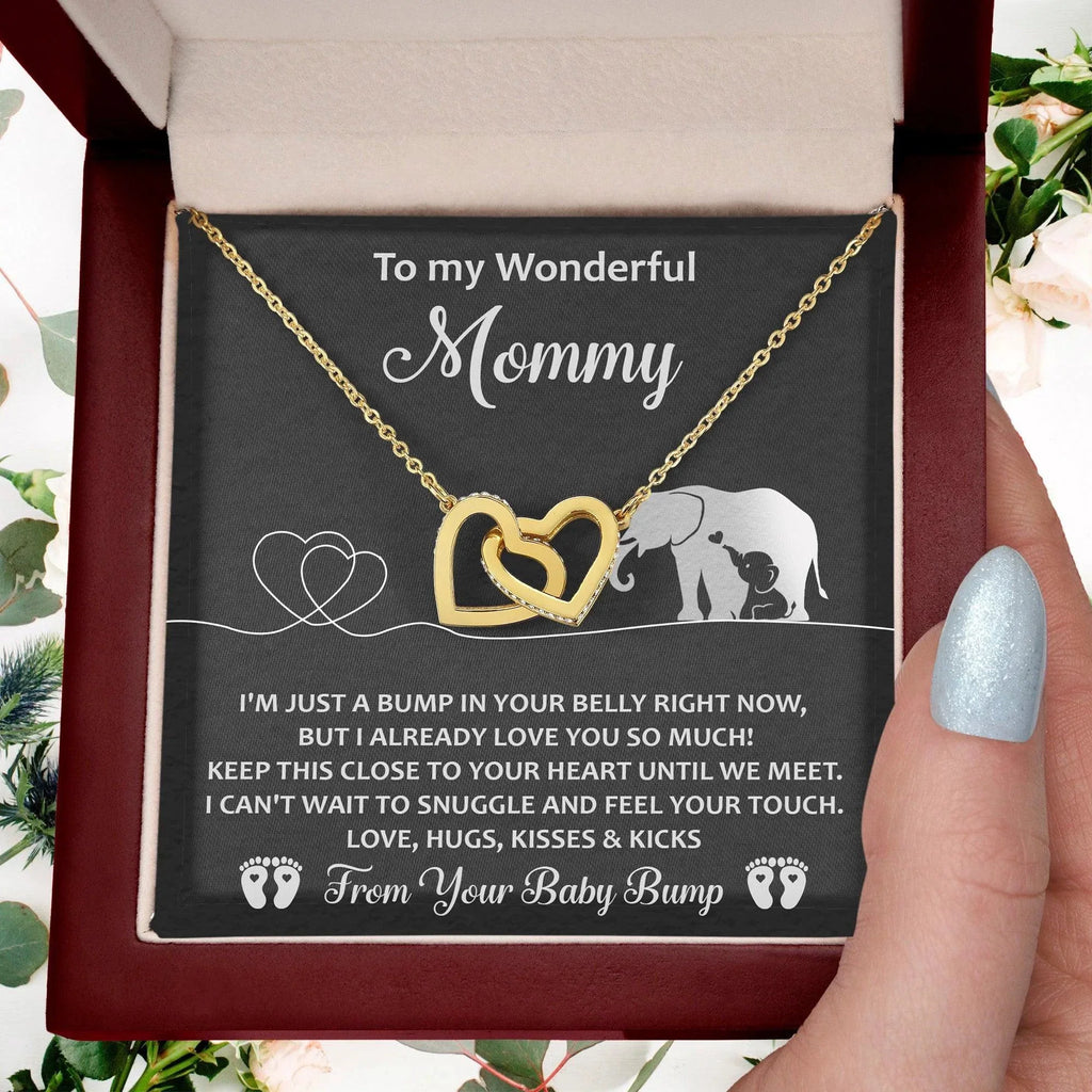 Gift for the Expectant Mom Love, Kisses and Kicks from the Baby Bump Until We Meet Interlocking Hearts Necklace