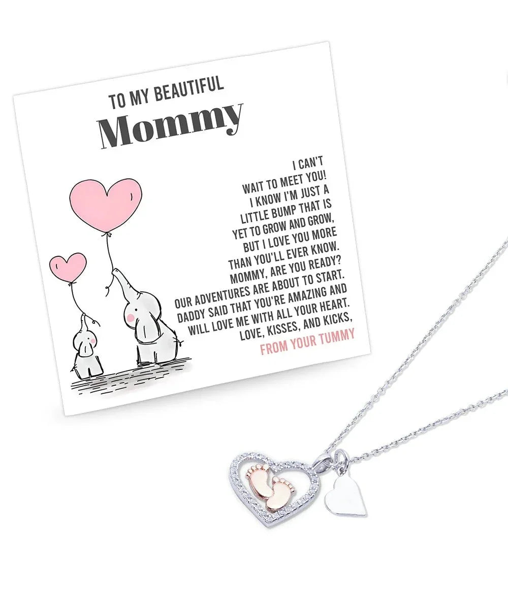 Baby Feet Necklace for New Moms – Sterling Silver Heart Pendant with Rose Gold Baby Feet & CZ – Baby Shower, Pregnancy Reveal, Mother's Day Gift Jewelry