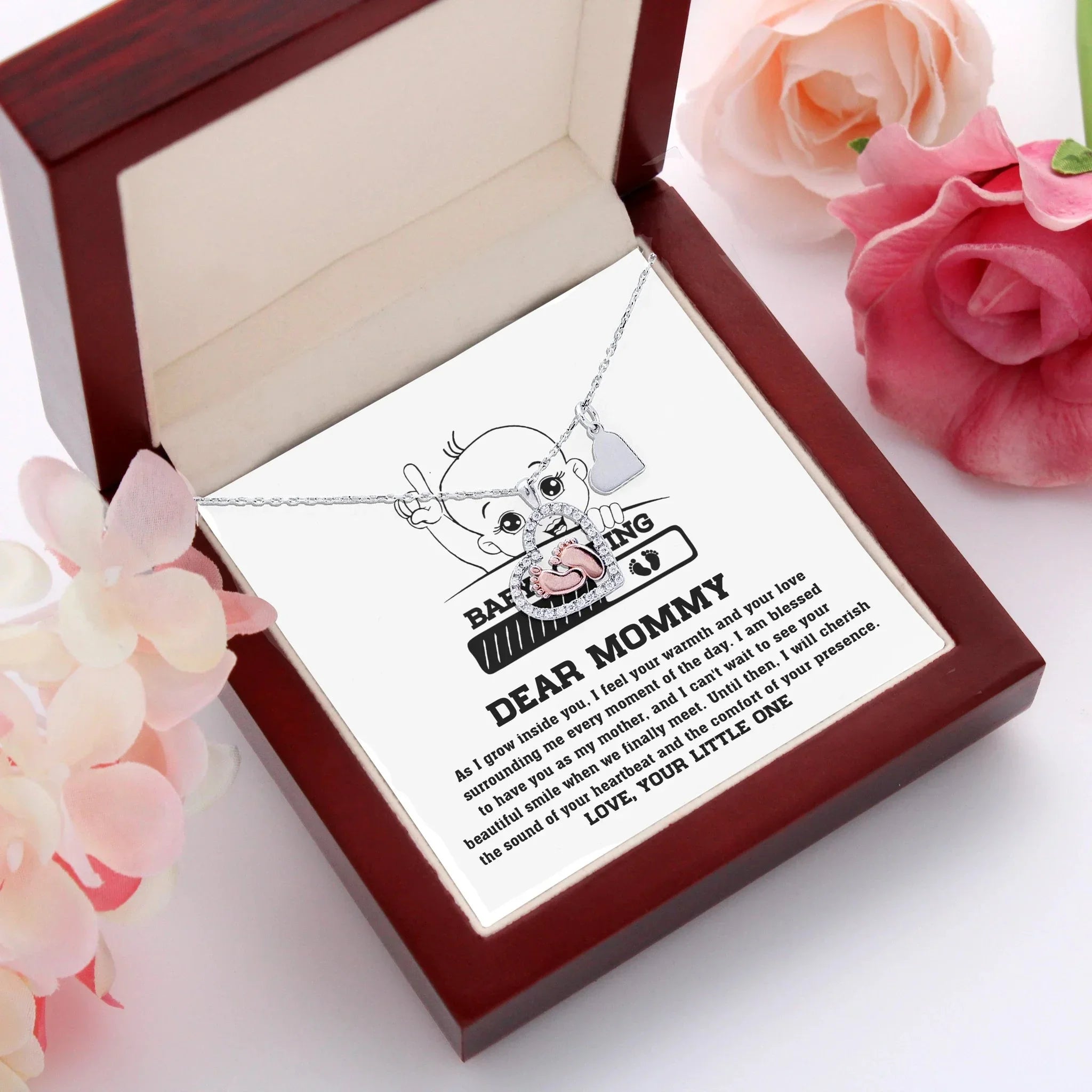 Dear Mommy Your Little One Can't Wait to See your Smile Baby Feet Pendant Necklace