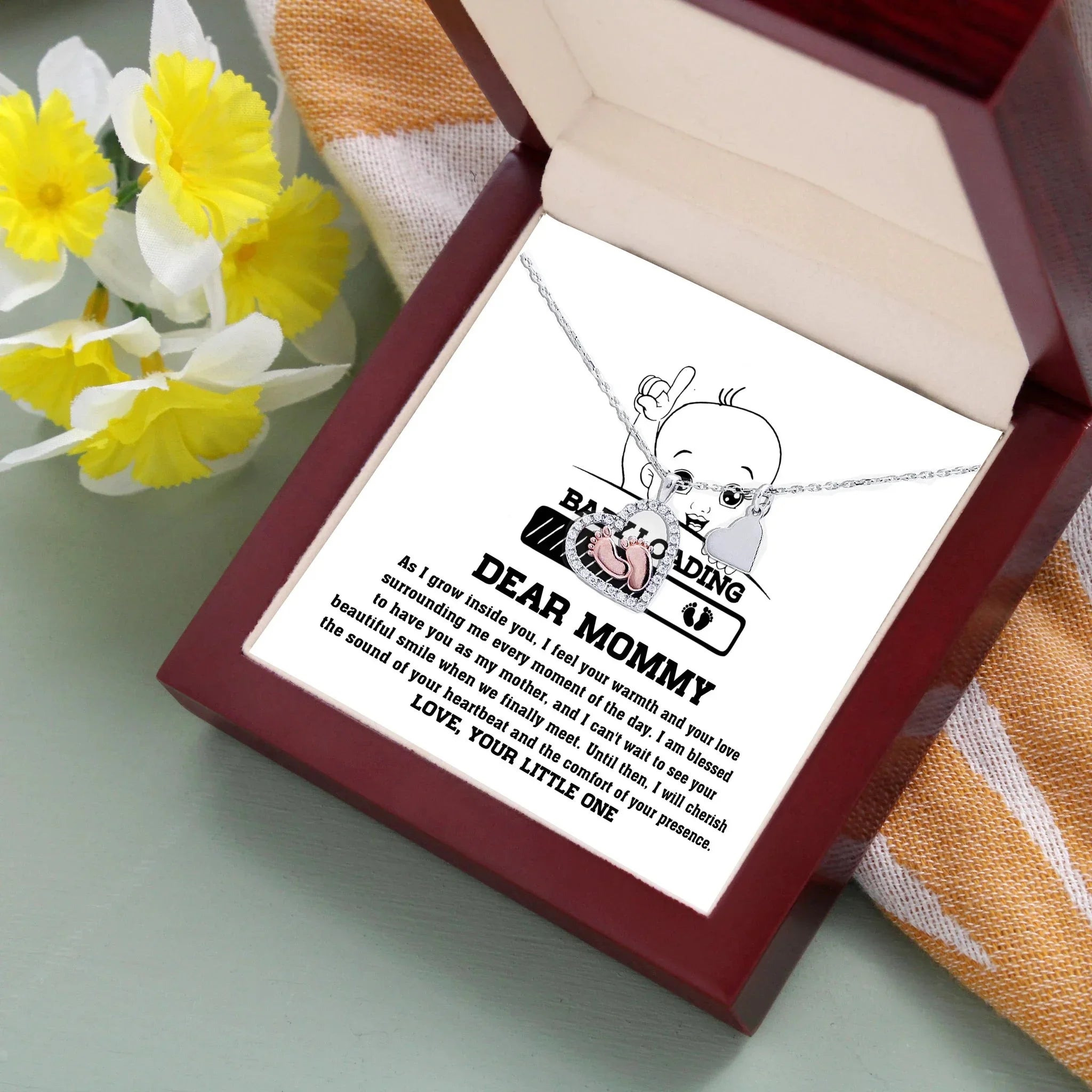 Dear Mommy Your Little One Can't Wait to See your Smile Baby Feet Pendant Necklace
