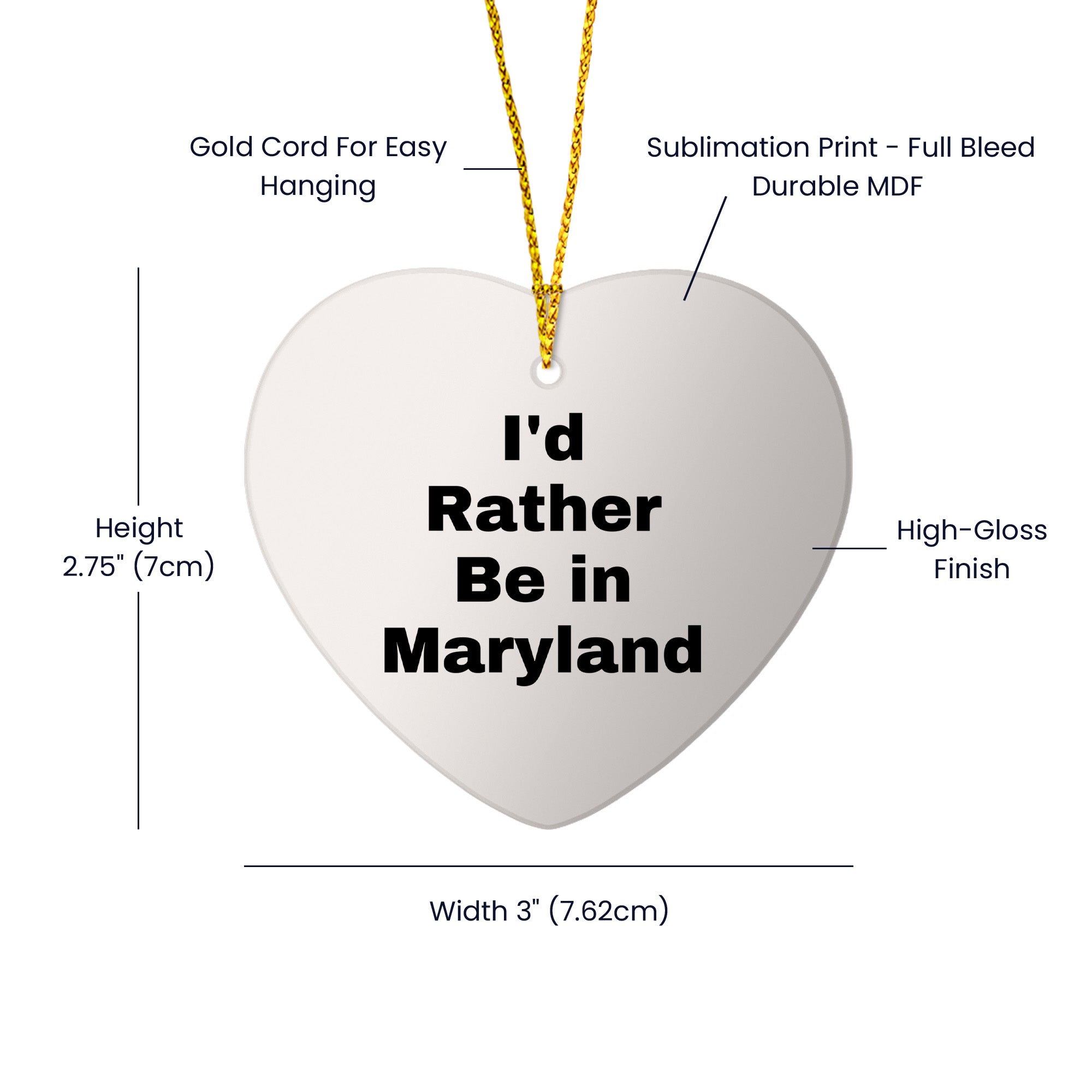Maryland Heart Ornament, 'I'd Rather Be In Maryland' Quote Christmas Gifts