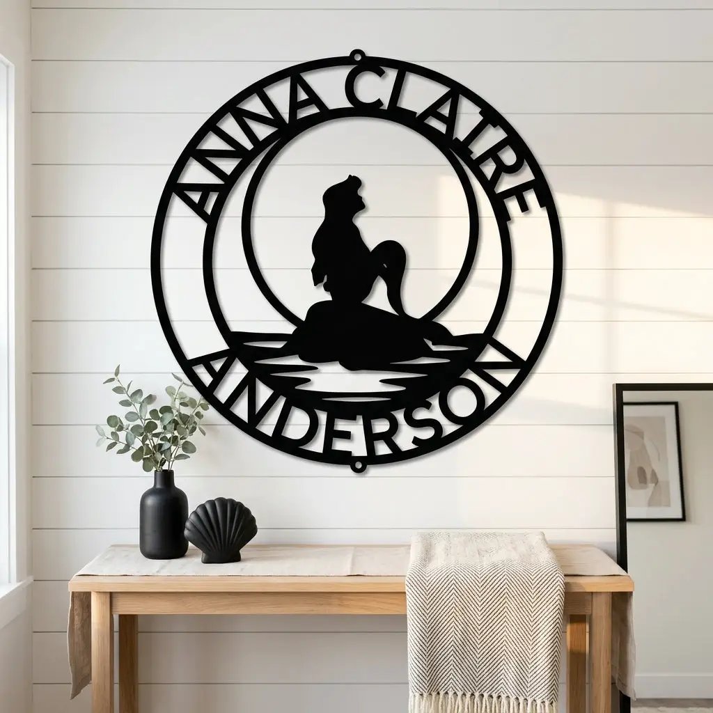 Personalized Mermaid Metal Wall Art Sign – Custom Name Steel Wall Decor for Girls Room – Ocean Themed Nursery and Bedroom Decor