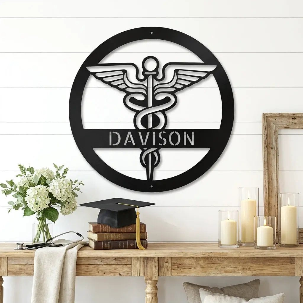 Personalized Medical Symbol Metal Wall Art – Custom Caduceus Steel Sign – Doctor Nurse Healthcare Professional Gift Decor