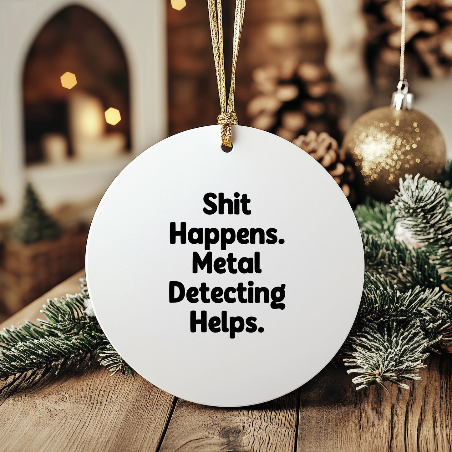 Metal Detecting Fun Gifts from Friends for Him - 'Shit Happens' Circle Ornament, Christmas Unique Presents - Mallard Moon Gift Shop