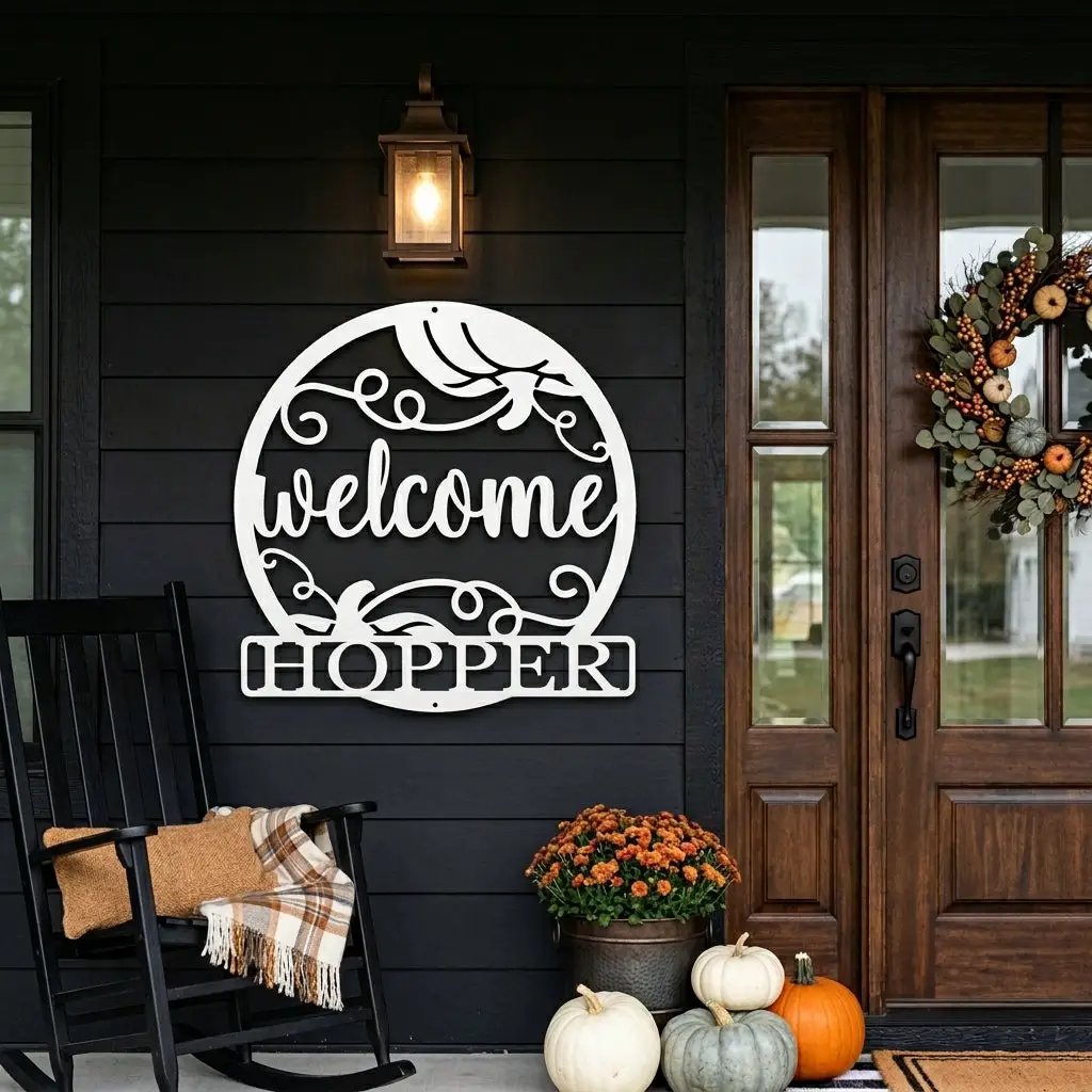 Personalized Pumpkin Metal Wall Art – Welcome Fall Sign with Family Name – Rustic Autumn Decor – Custom Front Door Pumpkin Sign – Farmhouse Fall Decor