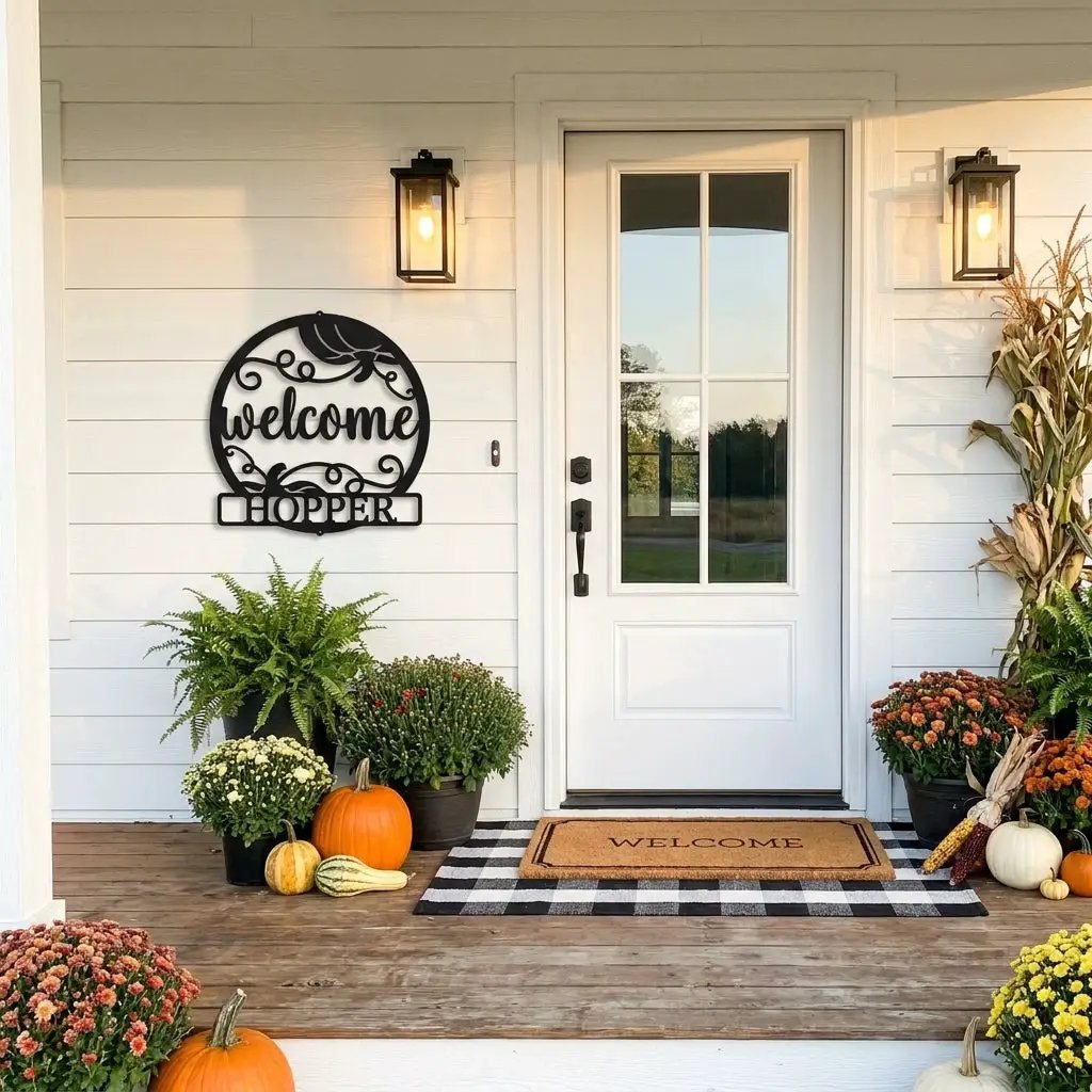 Personalized Pumpkin Metal Wall Art – Welcome Fall Sign with Family Name – Rustic Autumn Decor – Custom Front Door Pumpkin Sign – Farmhouse Fall Decor