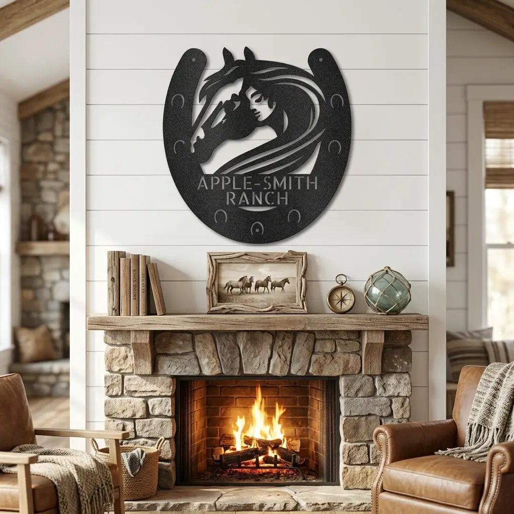Personalized Horse & Horseshoe Metal Wall Art | Custom Ranch Name Sign | Equestrian Wall Decor | Western Farmhouse Metal Sign | Made in USA