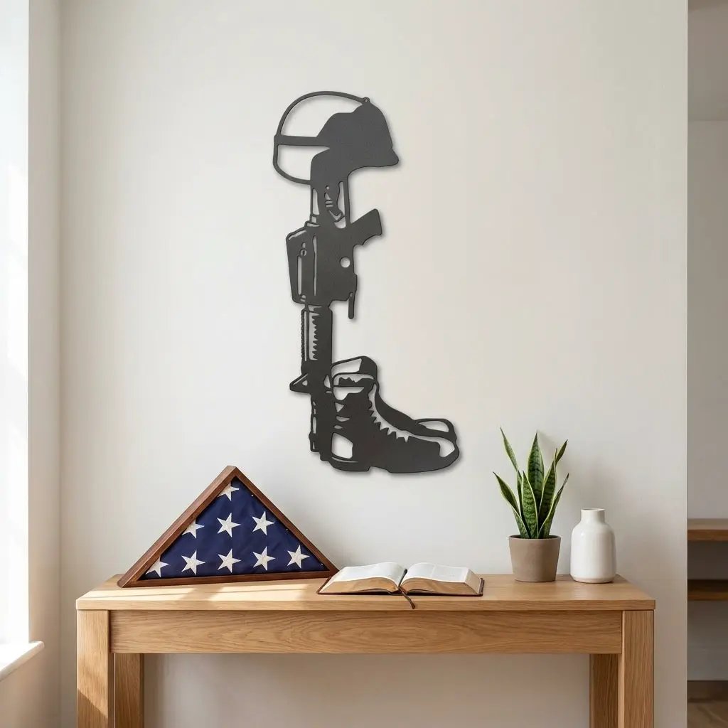 Fallen Soldier Metal Wall Art – Military Memorial Tribute Sign – Battlefield Cross Decor – Veteran Remembrance Gift – Patriotic Home Decor