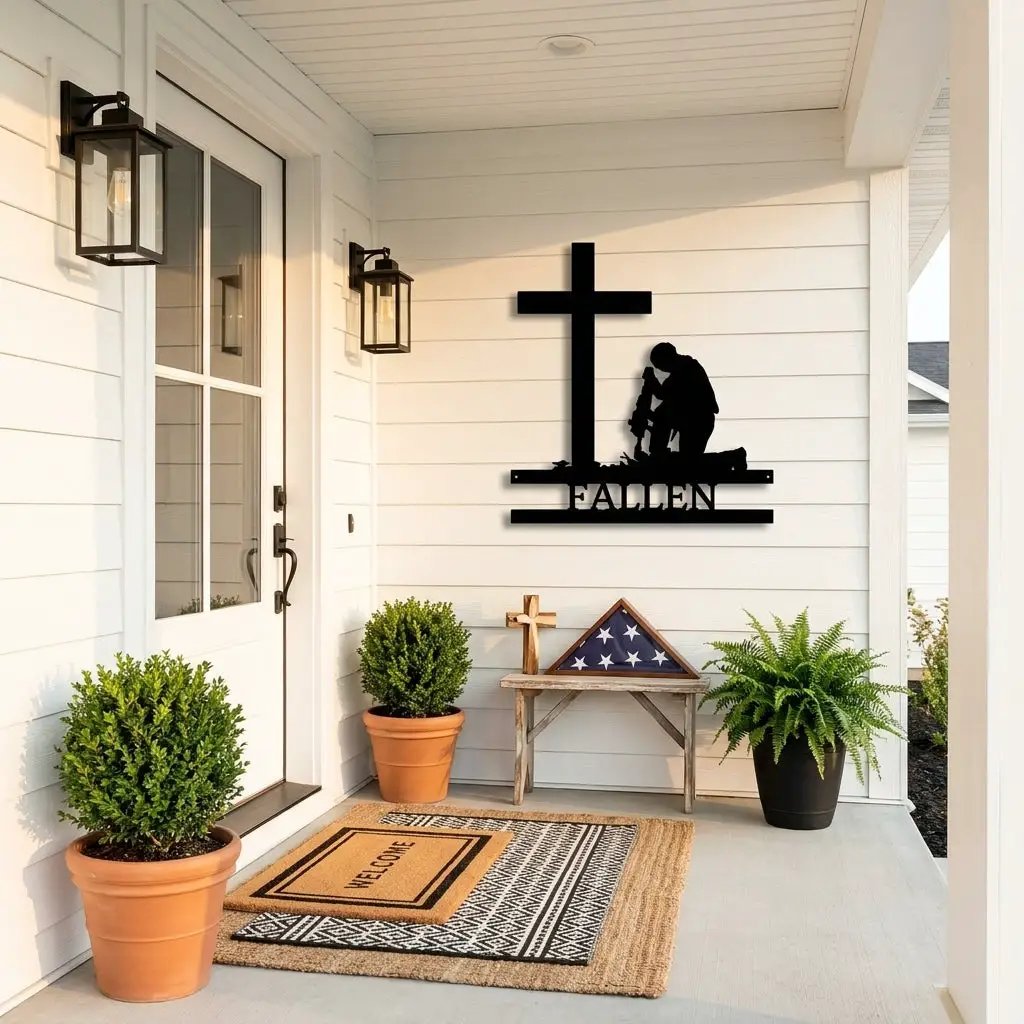 Personalized Fallen Soldier Memorial Metal Wall Art | Military Remembrance Cross Decor | Veteran Tribute Sign
