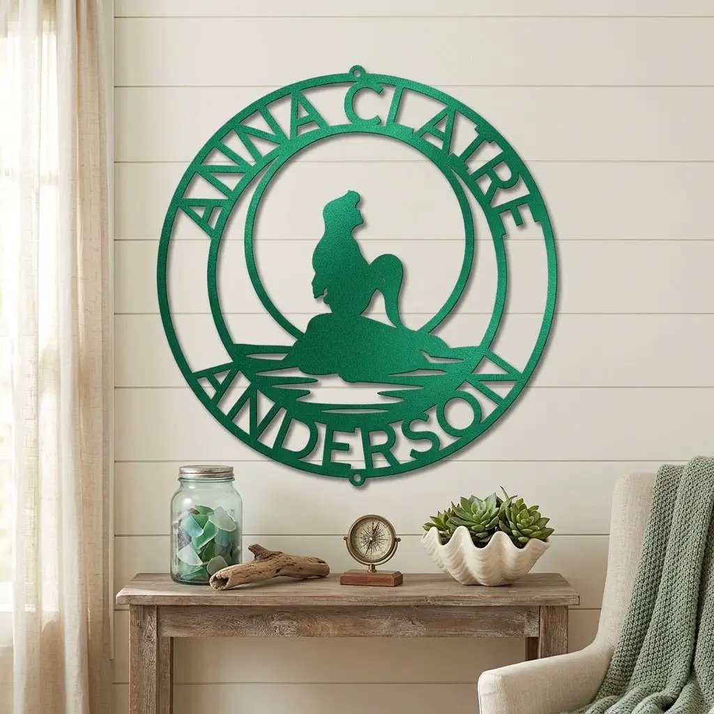 Personalized Mermaid Metal Wall Art Sign – Custom Name Steel Wall Decor for Girls Room – Ocean Themed Nursery and Bedroom Decor