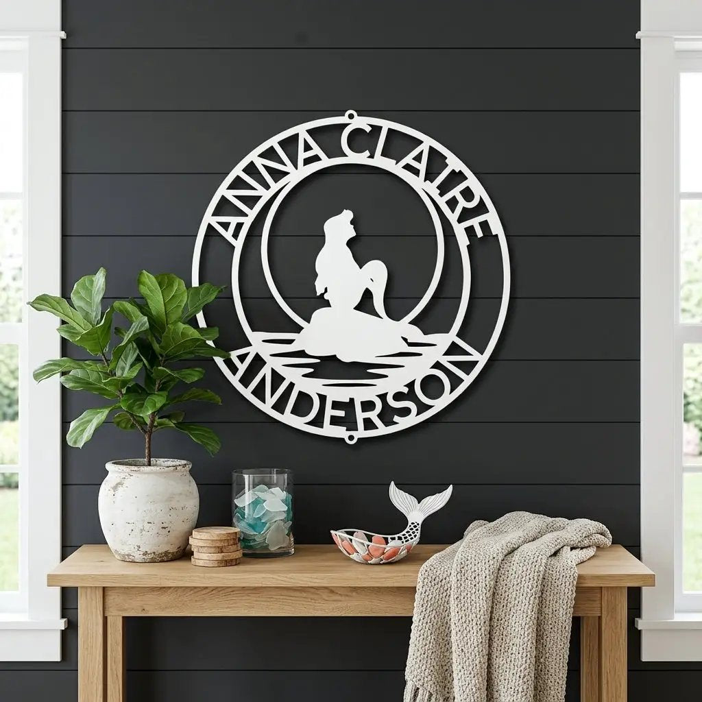 Personalized Mermaid Metal Wall Art Sign – Custom Name Steel Wall Decor for Girls Room – Ocean Themed Nursery and Bedroom Decor