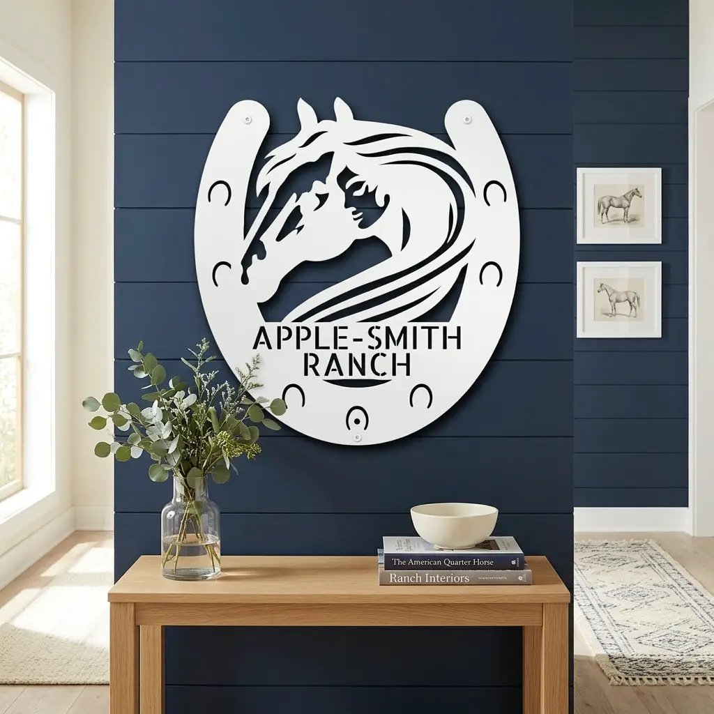Personalized Horse & Horseshoe Metal Wall Art | Custom Ranch Name Sign | Equestrian Wall Decor | Western Farmhouse Metal Sign | Made in USA