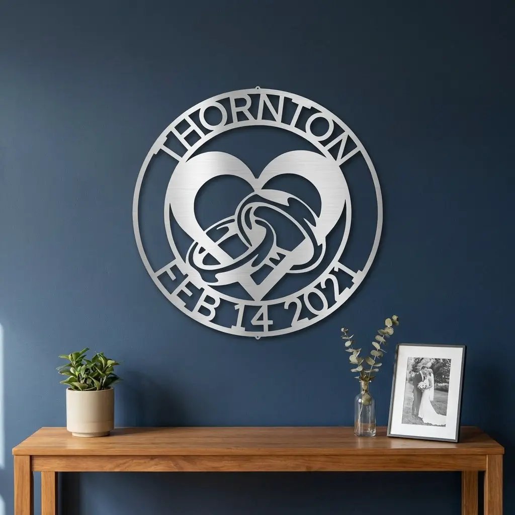 Personalized Engagement Rings Metal Wall Art Sign – Custom Couple Name and Date Steel Decor – Wedding Engagement Gift – Indoor Outdoor Powder Coated Sign