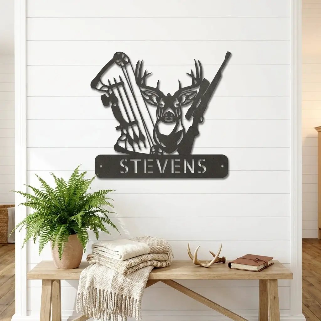 Personalized Deer Hunting Metal Wall Art Custom Hunter Name Sign Buck Head Bow Rifle Decor Rustic Cabin Hunting Gift Outdoor Wall Decor