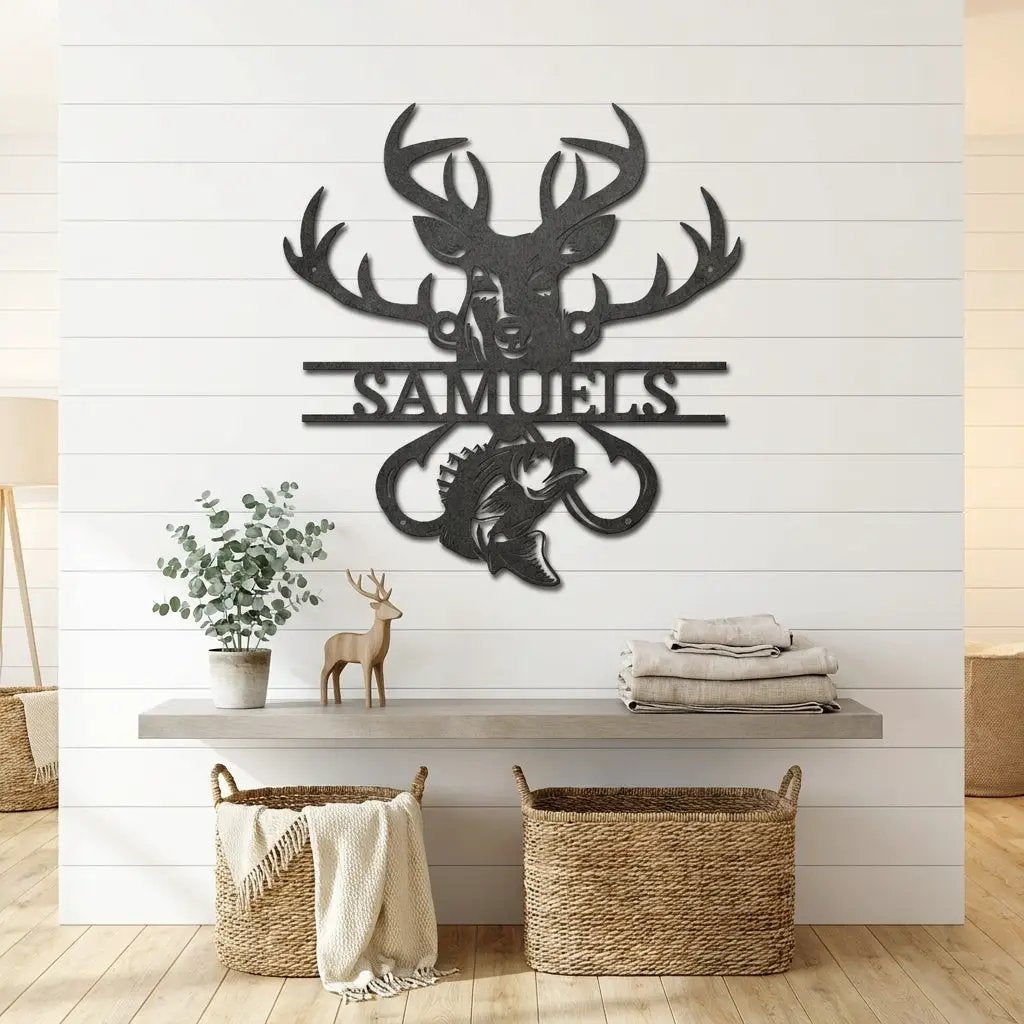 Outdoorsman Custom Metal Wall Art Deer Hunting and Bass Fishing Sign Custom Name Rustic Cabin Decor Hunter Fisherman Gift