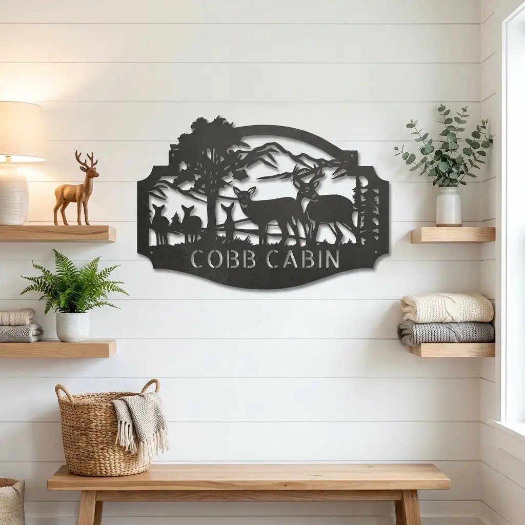 Personalized Deer Cabin Metal Wall Art – Rustic Family Name Sign – Hunting Lodge Decor – Custom Mountain Scene Steel Sign – Cabin Wall Decor Gift