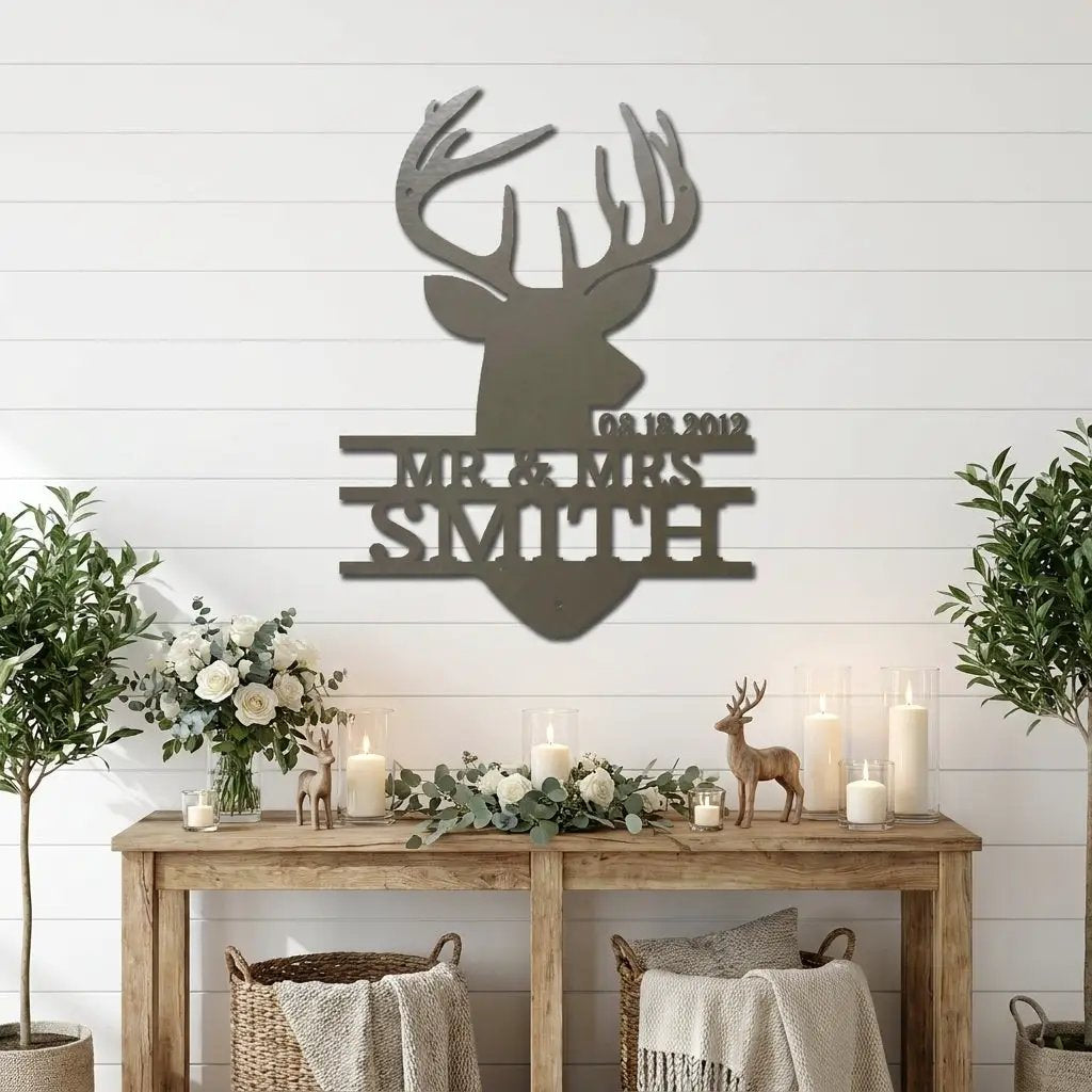 Personalized Deer Head Metal Sign, Mr & Mrs Name Sign, Wedding Gift, Anniversary Gift 25th 50th, Custom Last Name Wall Decor, Rustic Lodge Decor