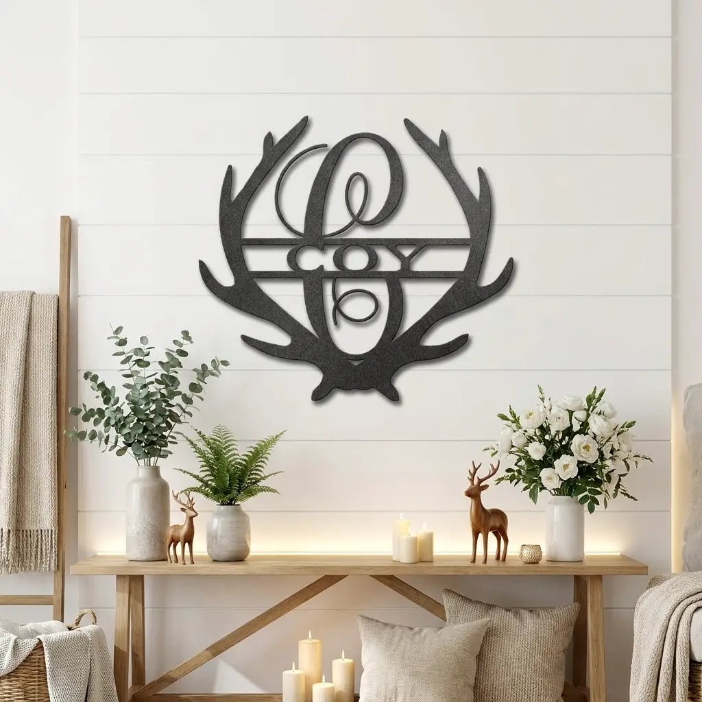 Personalized Deer Antler Family Name Metal Sign – Rustic Last Name Monogram Wall Art – Cabin Lodge Decor Gift